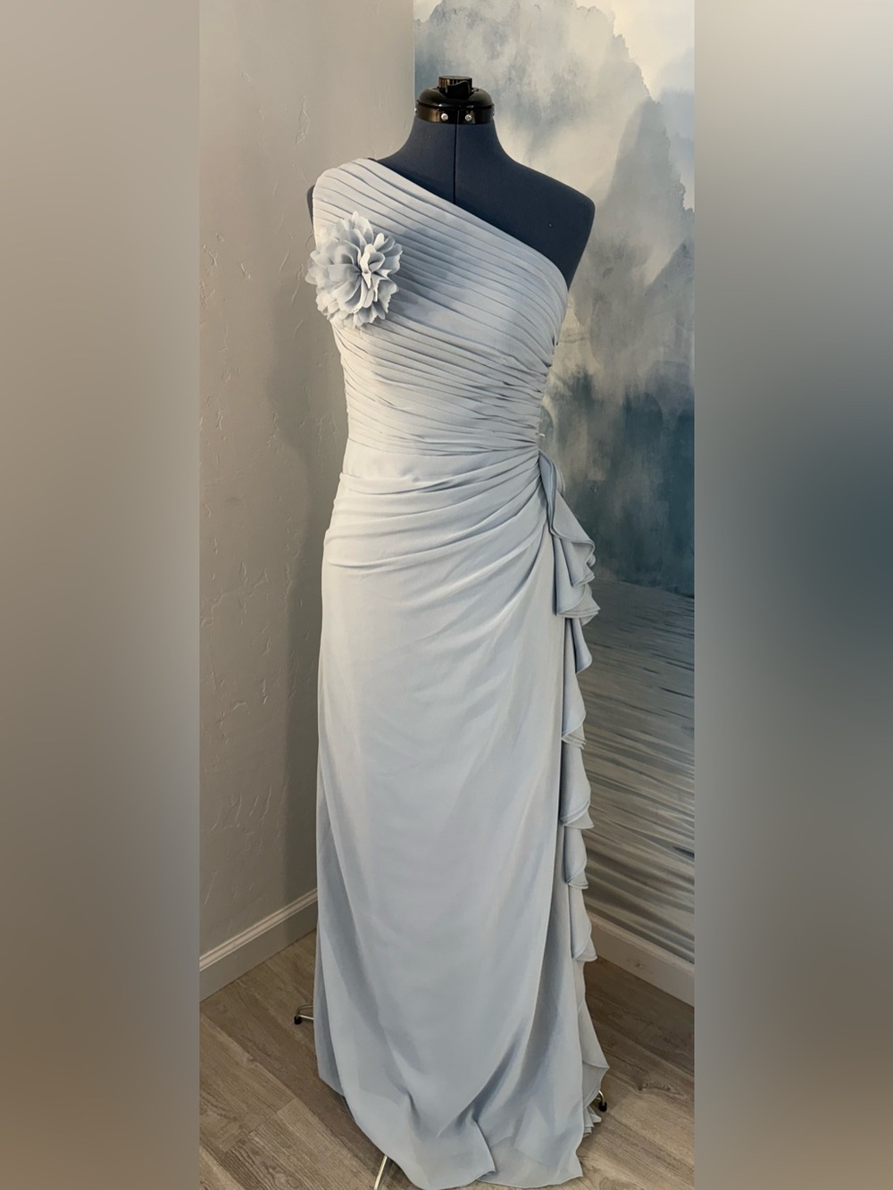 One-Shoulder Light Blue Ruffle Gown with Floral Accent #393
